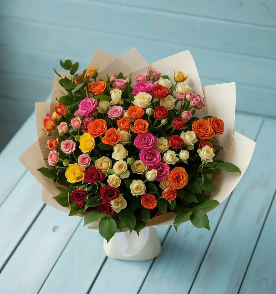 Букет Микс из разноцветных кустовых роз в Александроневской