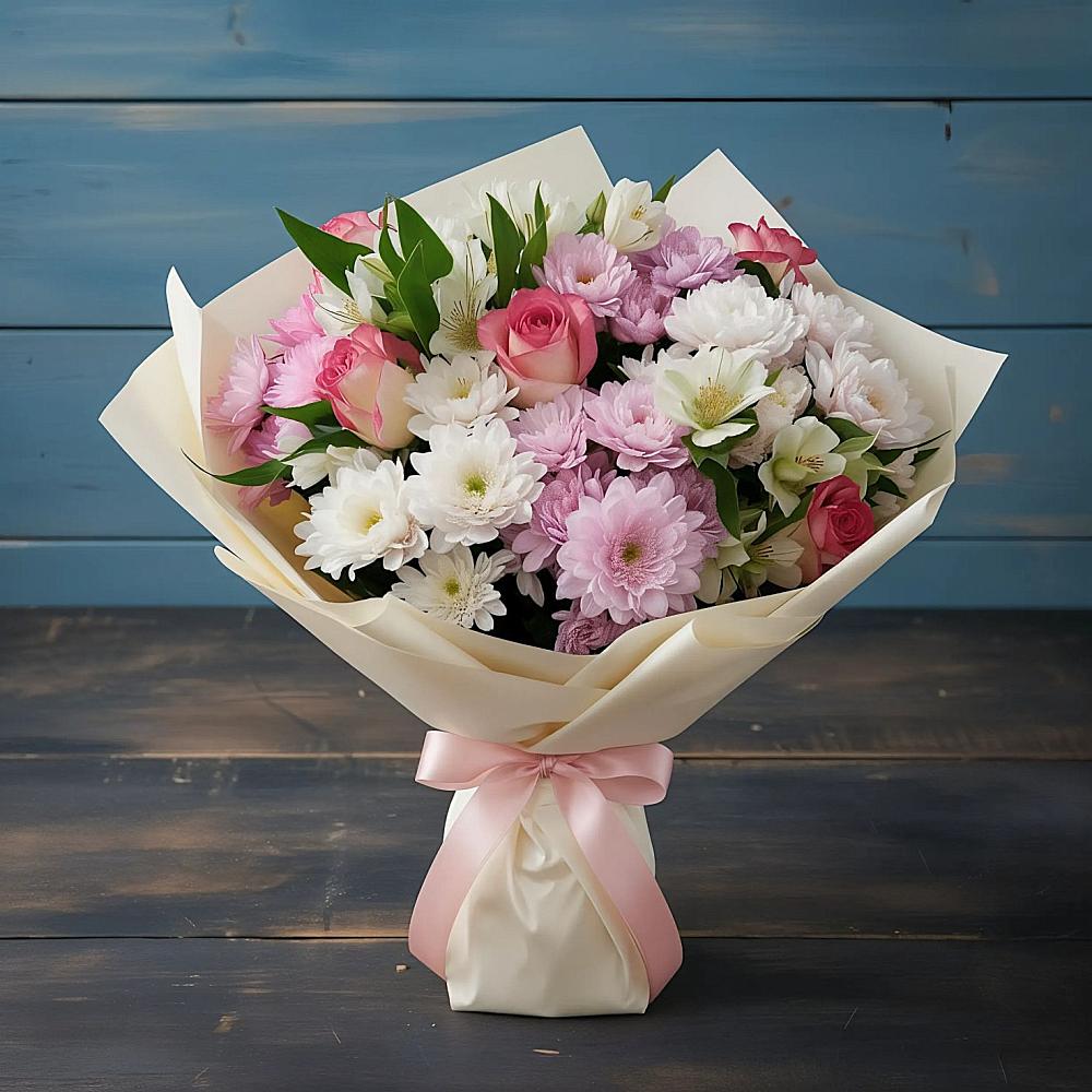 Букет цветов из: Хризантемы, Альстромерии и Розы в Александроневской